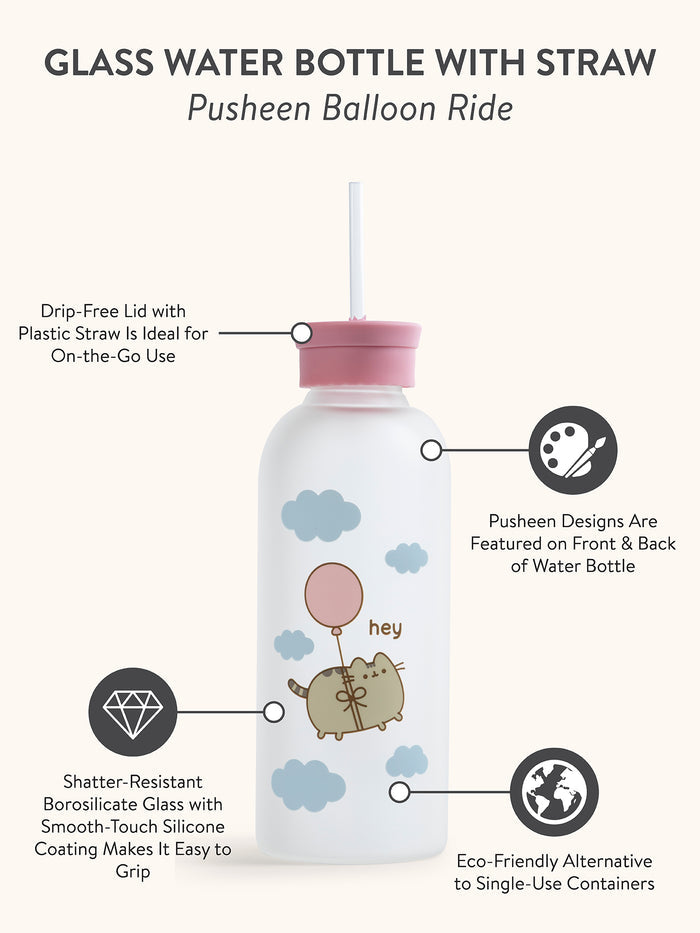Pusheen Balloon Ride Glass Water Bottle with Straw