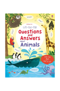 Children's book titled 'Questions and Answers about Animals' with animal illustrations on a yellow background.