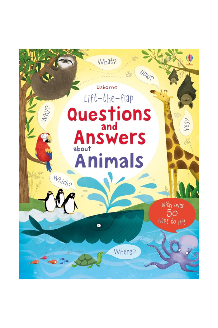 Children's book titled 'Questions and Answers about Animals' with animal illustrations on a yellow background.