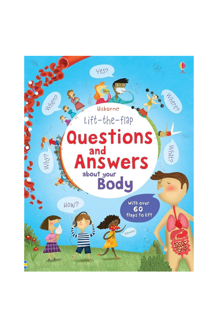Book cover of 'Lift-the-flap Questions and Answers about your Body' with colorful illustrations on a blue background.