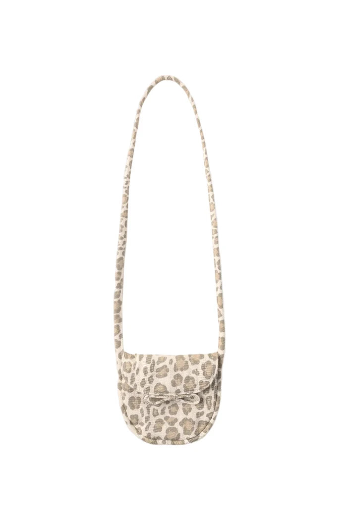 A small leopard-print crossbody bag with a matching chain strap, shown against a plain light gray background.