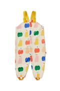 A pair of baby bib overalls with a colorful fruit print, featuring yellow shoulder straps and elasticized leg cuffs, shown flat on a white background.