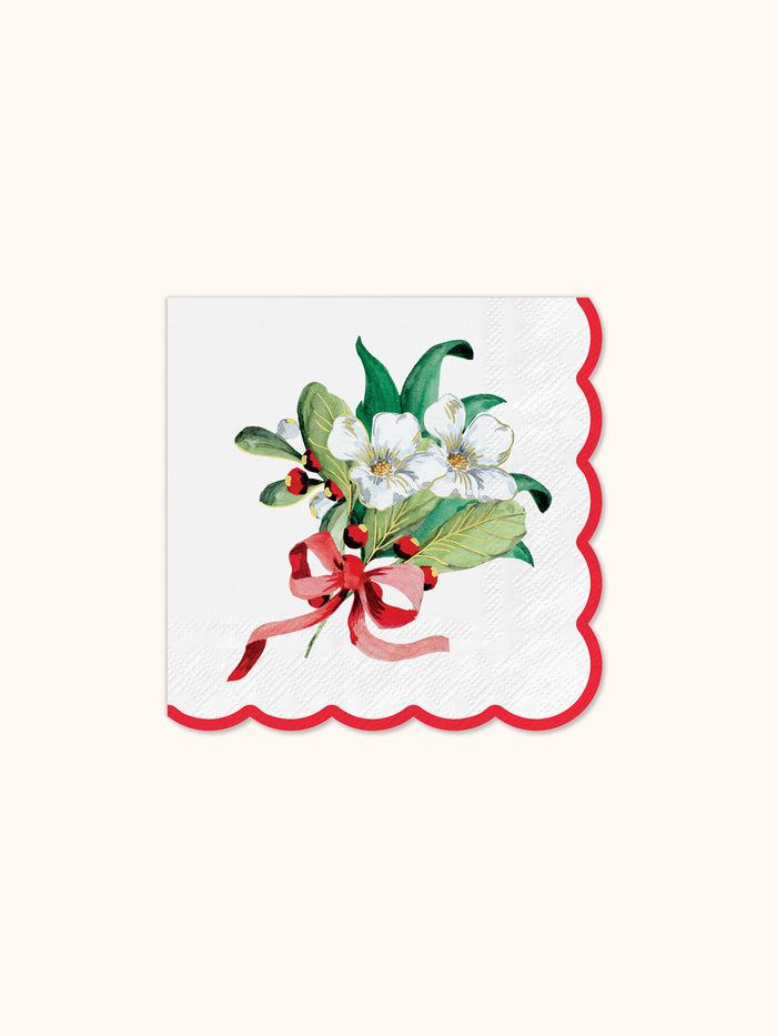 Red Ribbon Christmas Scalloped Beverage Napkin