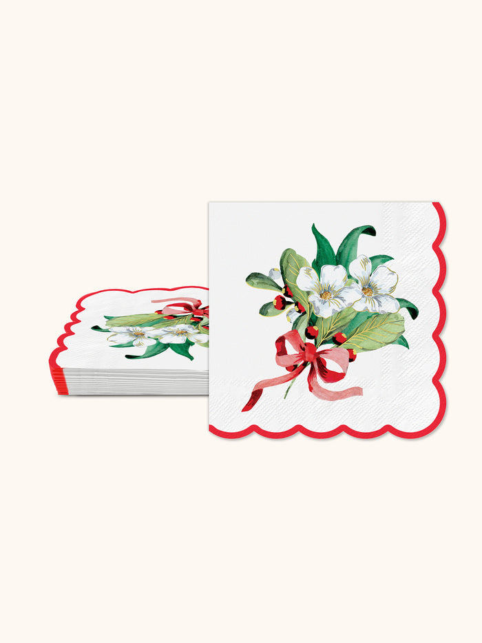 Red Ribbon Christmas Scalloped Beverage Napkin