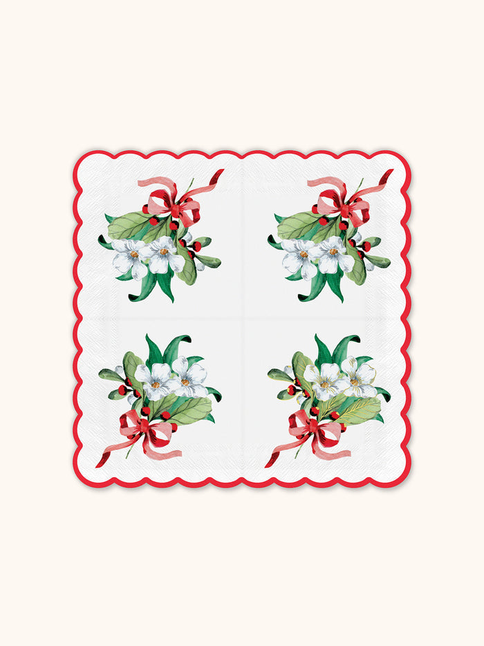Red Ribbon Christmas Scalloped Beverage Napkin