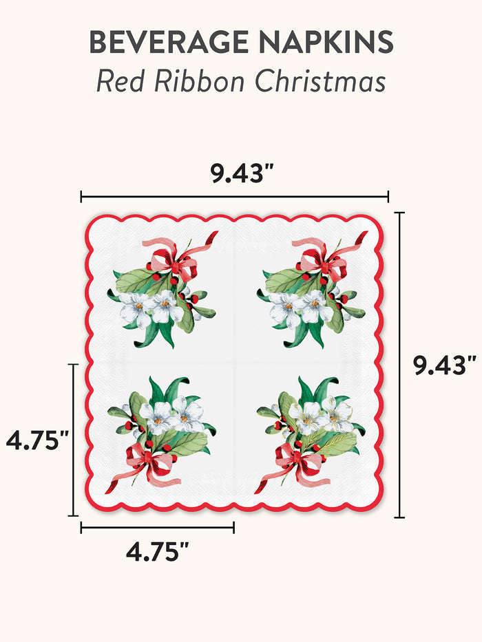 Red Ribbon Christmas Scalloped Beverage Napkin