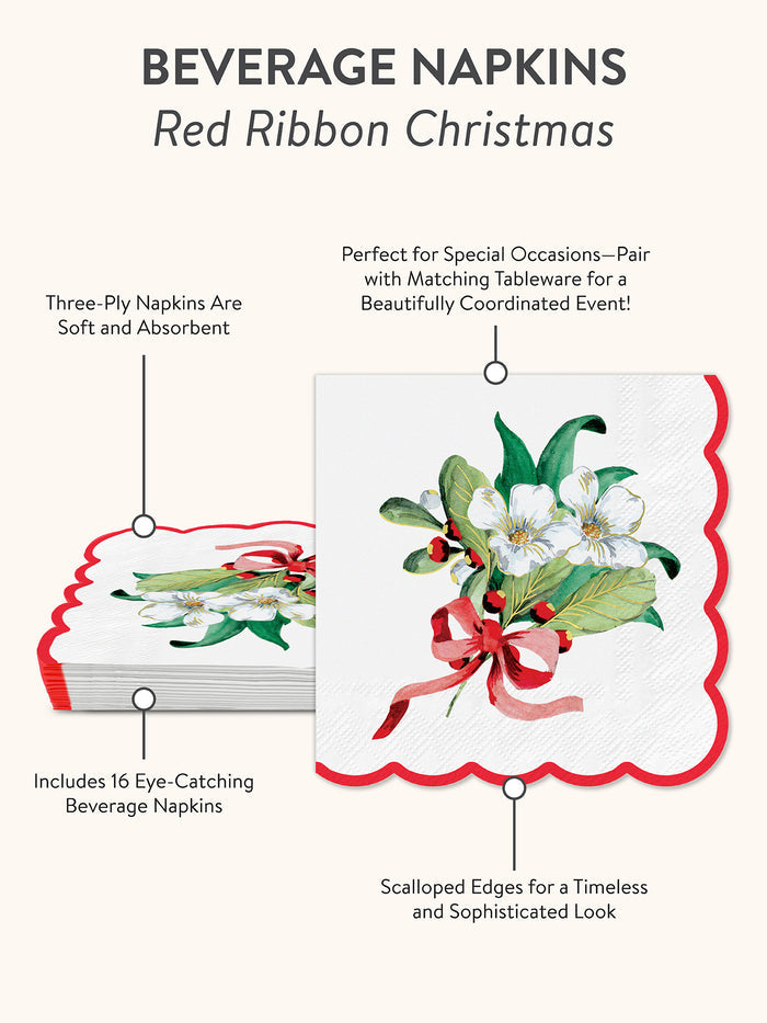 Red Ribbon Christmas Scalloped Beverage Napkin