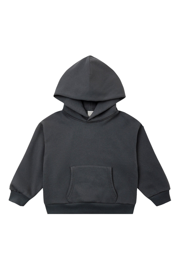 A dark blue pullover hoodie with a front kangaroo pocket, shown flat against a solid white background.