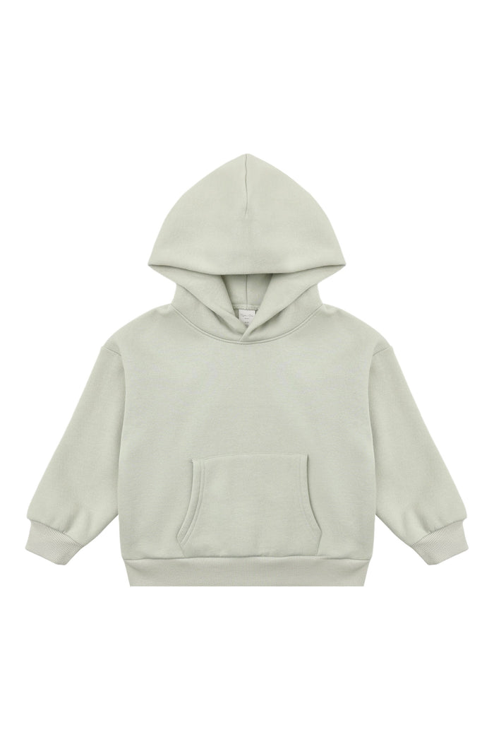 A light sage green kids' pullover hoodie with a front kangaroo pocket, shown flat against a solid white background.