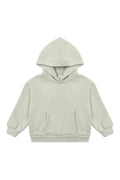 A light sage green kids' pullover hoodie with a front kangaroo pocket, shown flat against a solid white background.