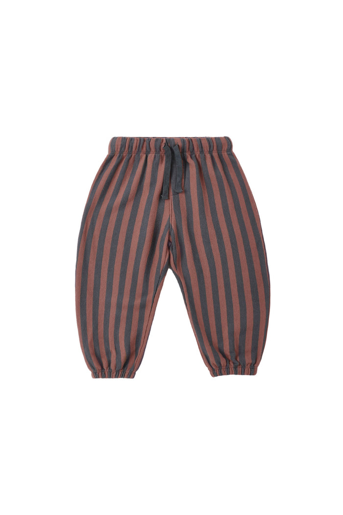 A pair of children's striped pants with vertical dark gray and dusty rose-brown stripes, featuring an elastic waistband and a dark drawstring, shown against a plain white background.