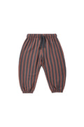 A pair of children's striped pants with vertical dark gray and dusty rose-brown stripes, featuring an elastic waistband and a dark drawstring, shown against a plain white background.