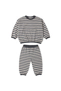 A two-piece children's loungewear set featuring a long-sleeve top and matching pants with horizontal gray and navy stripes on a white background.