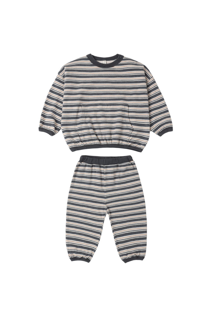 A two-piece children's loungewear set featuring a long-sleeve top and matching pants with horizontal gray and navy stripes on a white background.