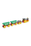 A wooden toy train set with a black steam locomotive and three passenger carriages in green, red, and gray, featuring yellow wheels, shown on a plain white background.