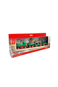 Wooden toy train set in Hape packaging on a white background