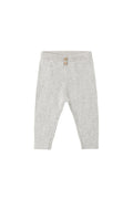 Light gray ribbed knit pants for toddlers, featuring an elastic waistband with two decorative wooden buttons, shown flat on a white background.
