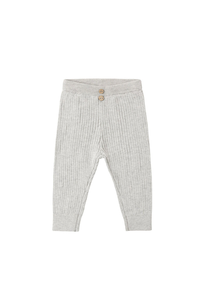 Light gray ribbed knit pants for toddlers, featuring an elastic waistband with two decorative wooden buttons, shown flat on a white background.