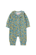 A baby long-sleeve footless one-piece romper with an all-over blue and yellow floral print, shown flat against a light cream background.