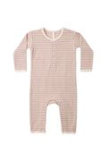 A long-sleeve baby romper in a dusty pink and cream stripe pattern, featuring a button-down front and leg openings, shown against a plain white background.