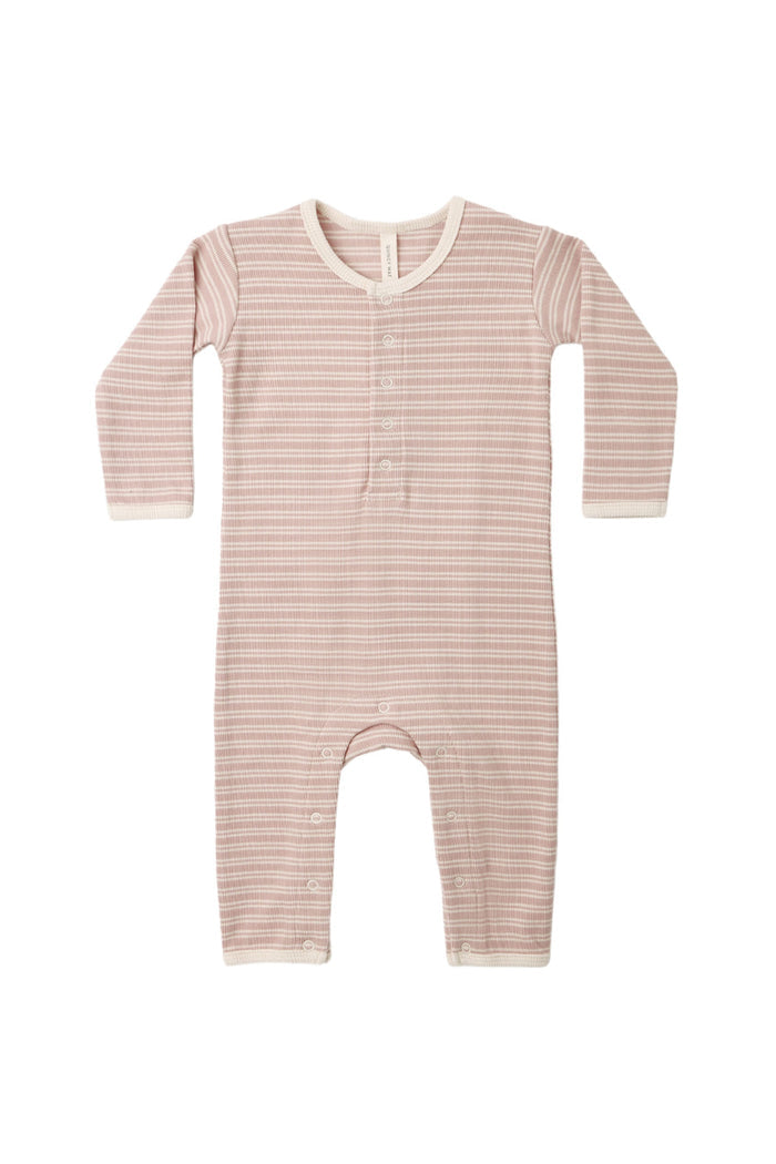 A long-sleeve baby romper in a dusty pink and cream stripe pattern, featuring a button-down front and leg openings, shown against a plain white background.