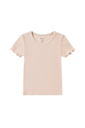 A light pink short-sleeve crewneck t-shirt with ruffled detailing on the sleeve cuffs, shown flat against a light gray background.