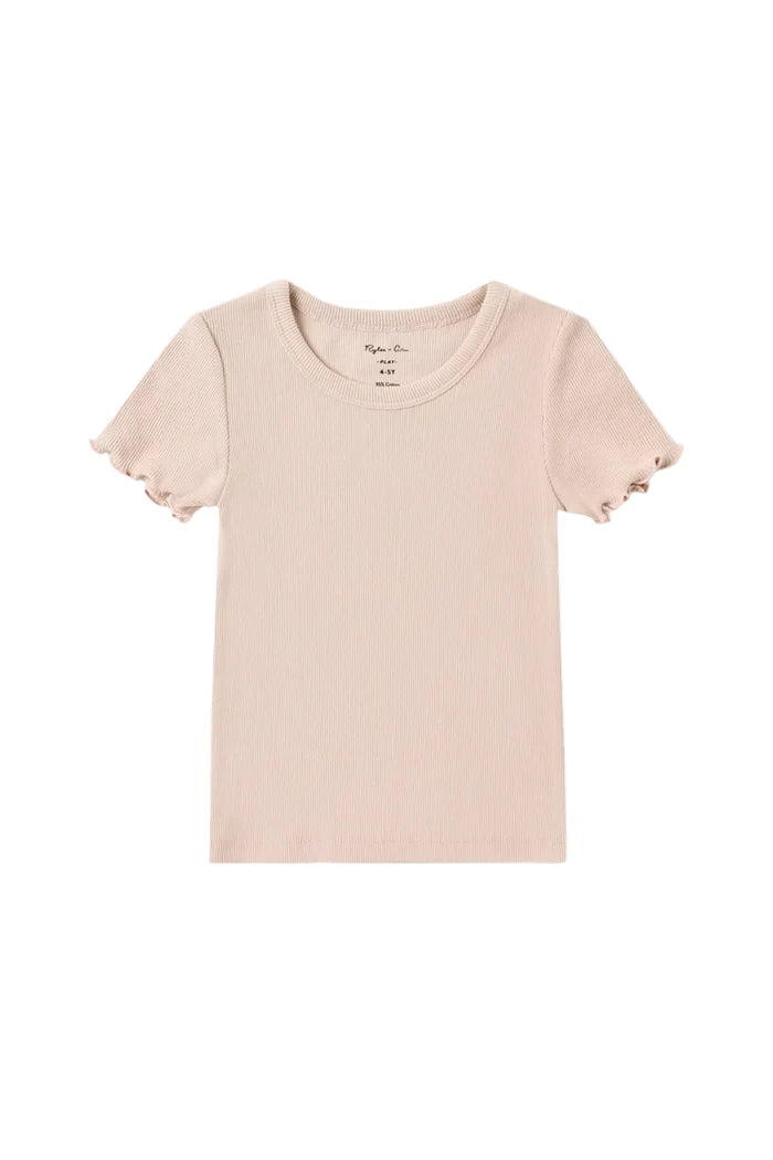 A light pink short-sleeve crewneck t-shirt with ruffled detailing on the sleeve cuffs, shown flat against a light gray background.