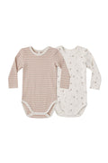 Two baby bodysuits on a white background, one striped and one with a floral pattern.