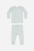 Gray blue baby outfit with long-sleeve top and pants on a white background