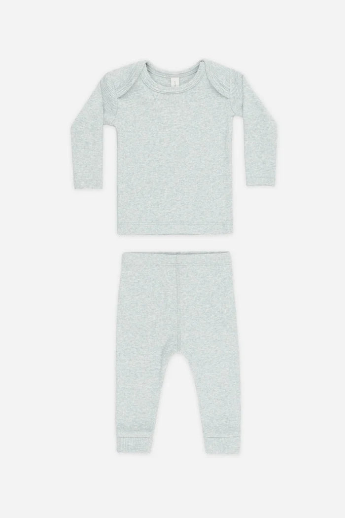 Gray blue baby outfit with long-sleeve top and pants on a white background