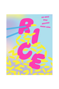 Book cover with 'RICE' in pink and yellow rice graphics on a gradient background