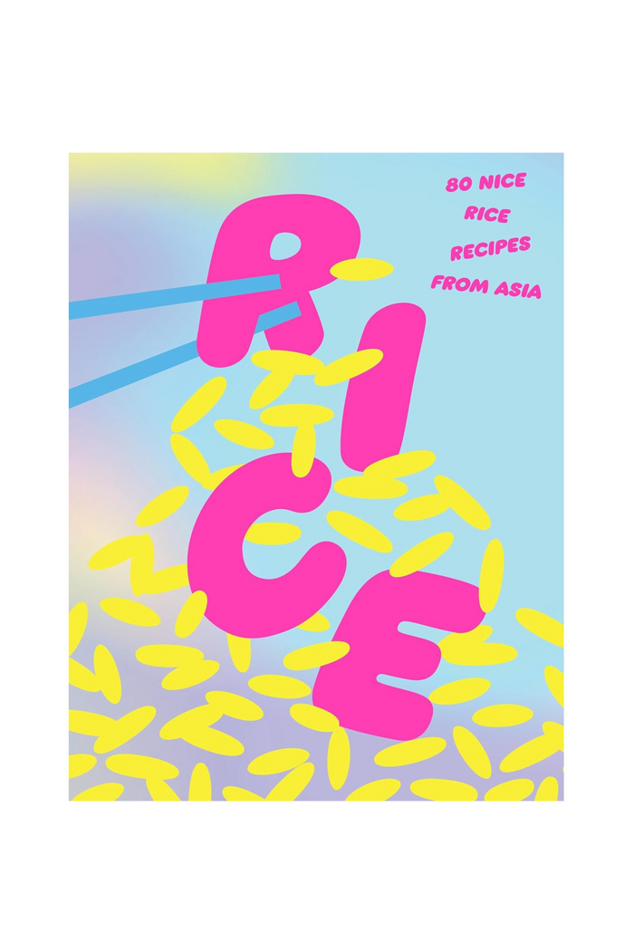Book cover with 'RICE' in pink and yellow rice graphics on a gradient background