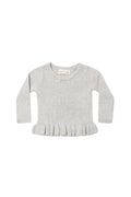 A light gray ribbed knit shirt with long sleeves and a ruffled hem, laid flat on a white background.