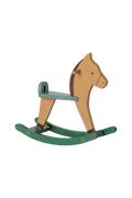 A classic wooden rocking horse toy with a natural wood body, painted green rocking base, and a teal seat and backrest.