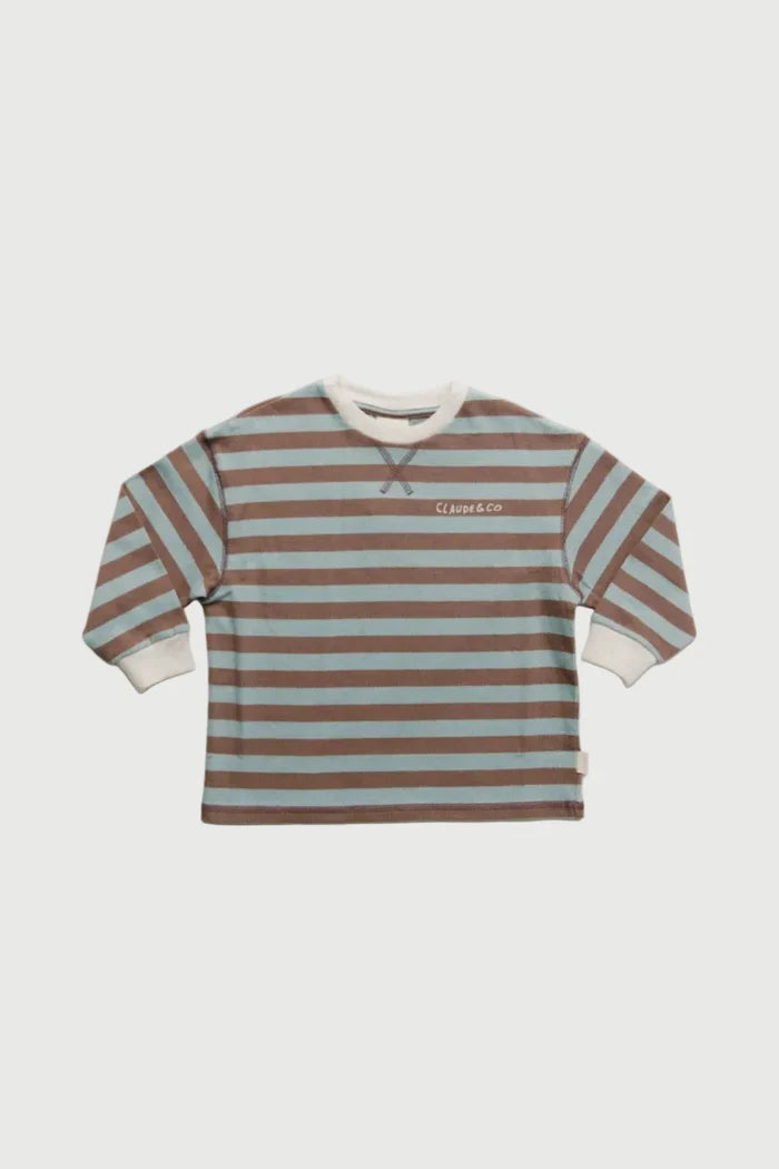 Striped long-sleeve shirt with brand logo on a white background
