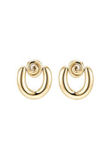 A pair of gold-toned spiral hoop earrings with a polished finish, displayed on a clean white background.