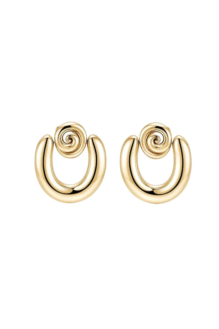A pair of gold-toned spiral hoop earrings with a polished finish, displayed on a clean white background.