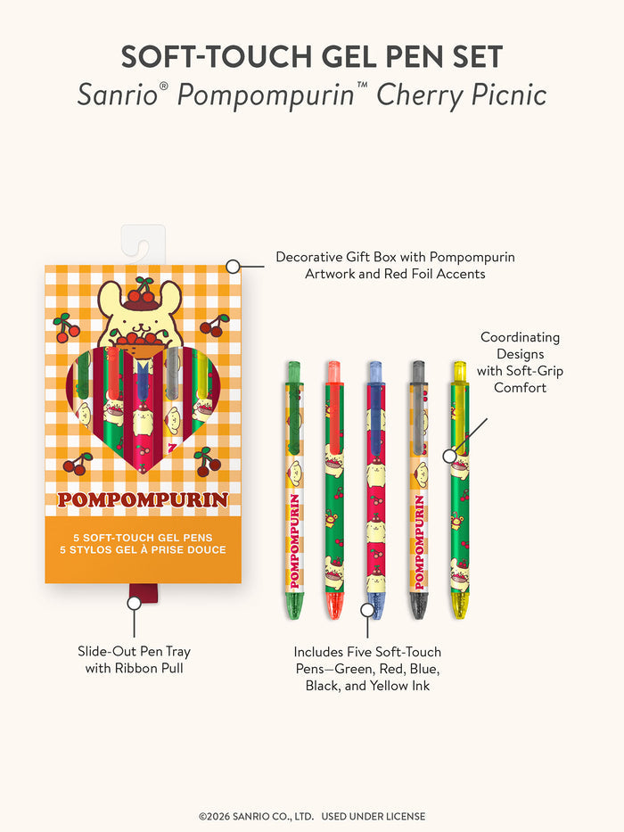 Sanrio Pompompurin Cherry Picnic Soft-Touch Gel Pen Set