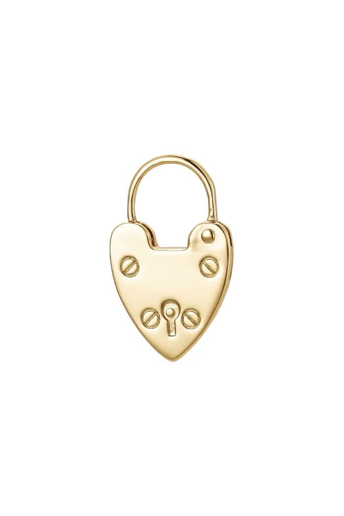 A gold heart-shaped padlock charm with screw details, photographed on a clean white background.