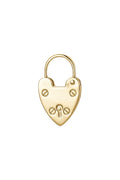 A gold heart-shaped padlock charm with screw details, photographed on a clean white background.