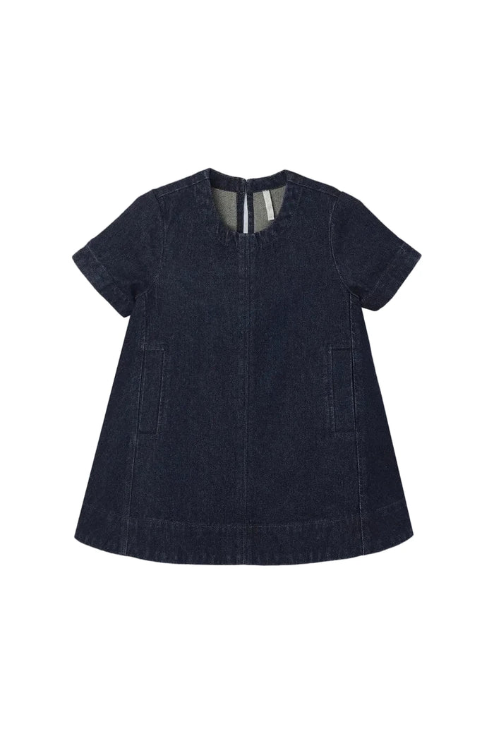 A dark navy blue denim short-sleeve dress with a round neckline, front zipper, and side pockets, shown flat on a light gray background.