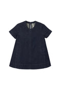 A dark navy blue denim short-sleeve dress with a round neckline, front zipper, and side pockets, shown flat on a light gray background.