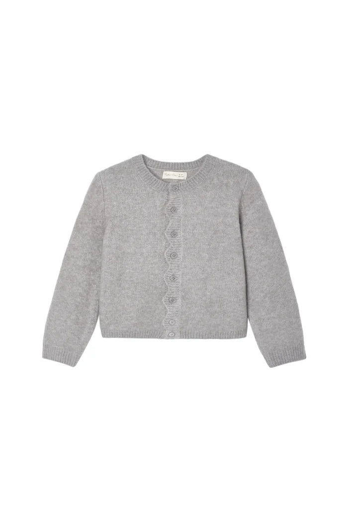 A light blue-gray knit cardigan sweater with a button-up front, displayed flat against a light gray background.