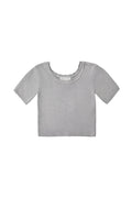 A light blue-gray short-sleeve ribbed knit top with a wide scoop neckline, displayed flat against a solid white background.
