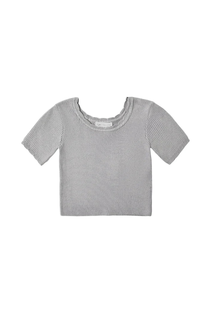 A light blue-gray short-sleeve ribbed knit top with a wide scoop neckline, displayed flat against a solid white background.