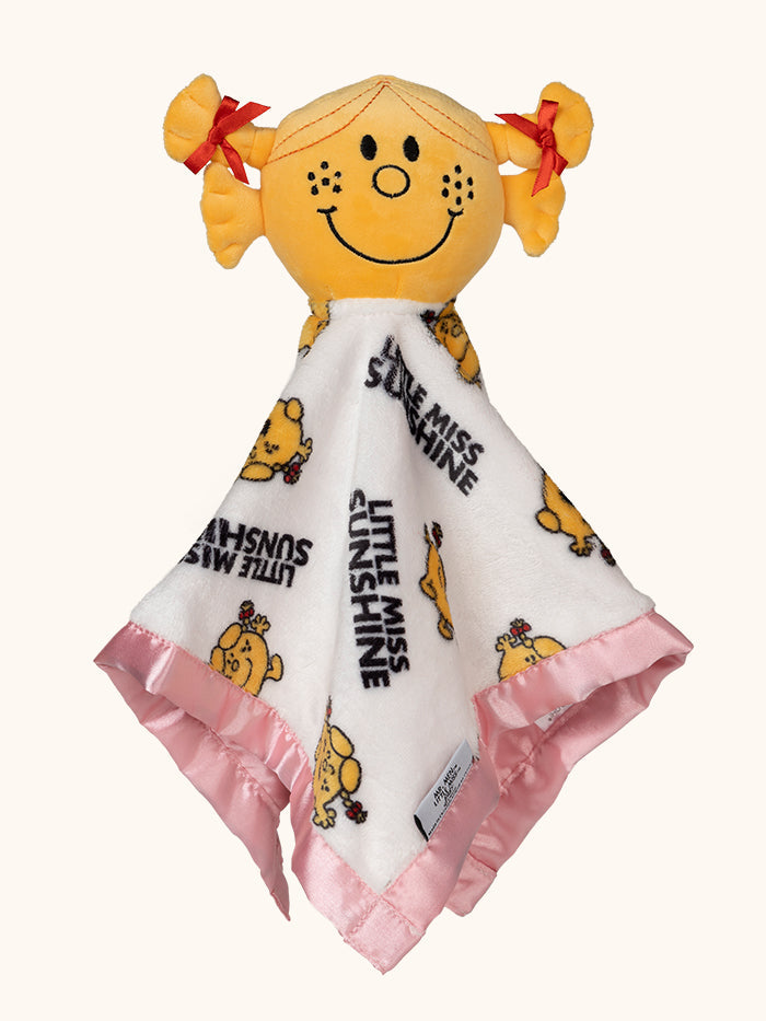 Little Miss Sunshine security blanket flat lay with little miss sunshine plush on top