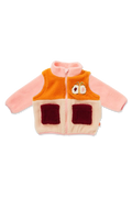 A children's sherpa zip-up vest with long pink sleeves, an orange chest panel, cream lower body, and two dark red patch pockets, shown on a plain white background.