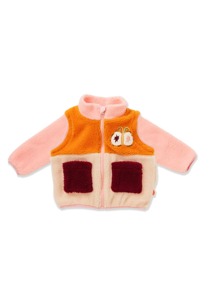A children's sherpa zip-up vest with long pink sleeves, an orange chest panel, cream lower body, and two dark red patch pockets, shown on a plain white background.
