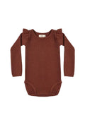A long-sleeve ribbed knit baby bodysuit in a warm rust brown color, featuring ruffled shoulder details, shown flat against a light gray background.