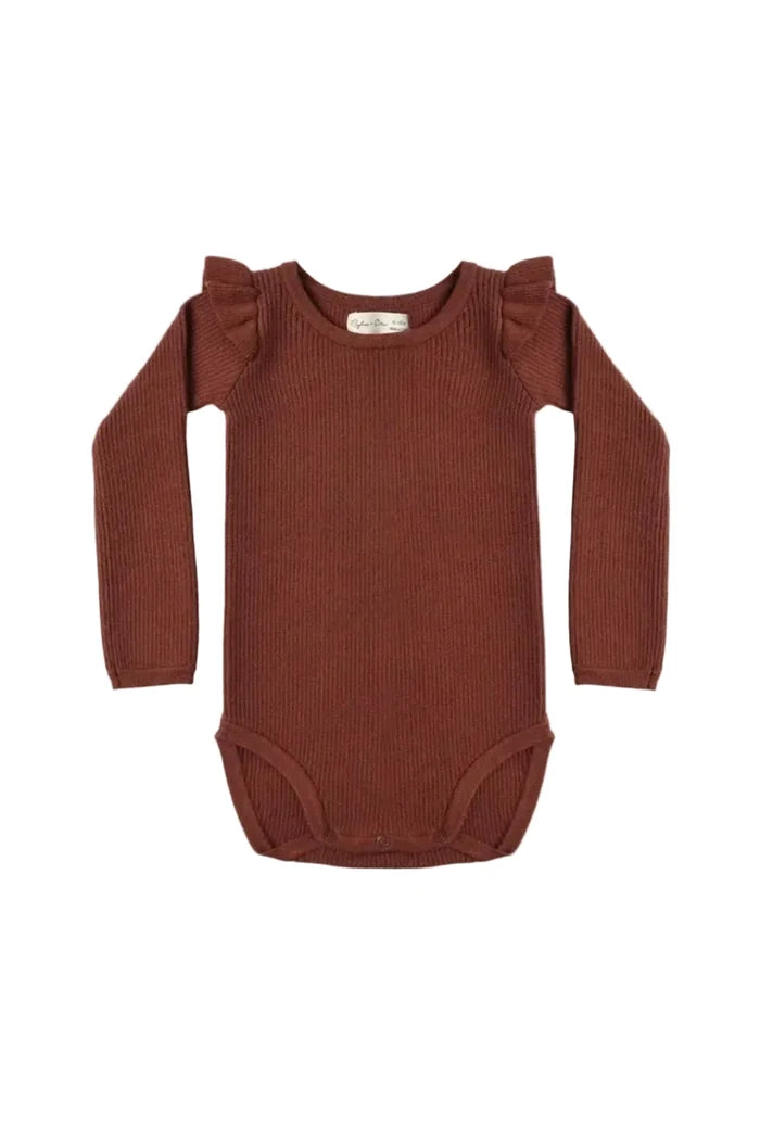 A long-sleeve ribbed knit baby bodysuit in a warm rust brown color, featuring ruffled shoulder details, shown flat against a light gray background.